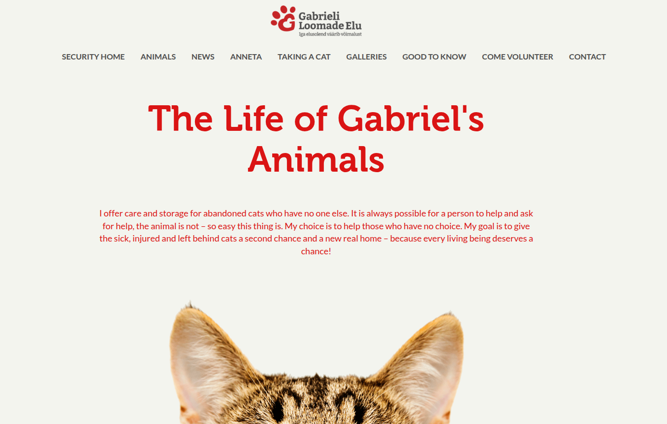 Gabrieli Loomade Elu - I offer care and storage for abandoned cats who have no one else. It is always possible for a person to help and ask for help, the animal is not – so easy this thing is. My choice is to help those who have no choice. My goal is to give the sick, injured and left behind cats a second chance and a new real home – because every living being deserves a chance!