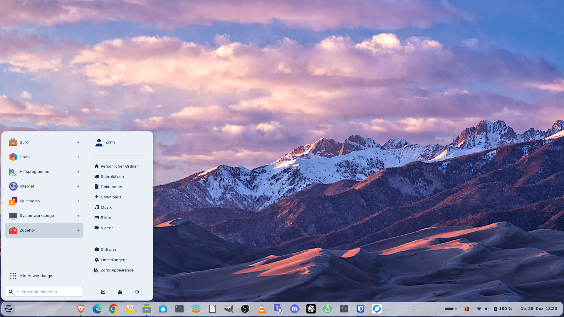 Zorin OS Desktop Oberfläche im Windows-ähnlichen Design